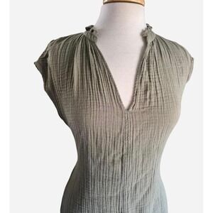HM Cotton Gauze Mini Dress Olive Green V-Neck Cap Sleeve XS